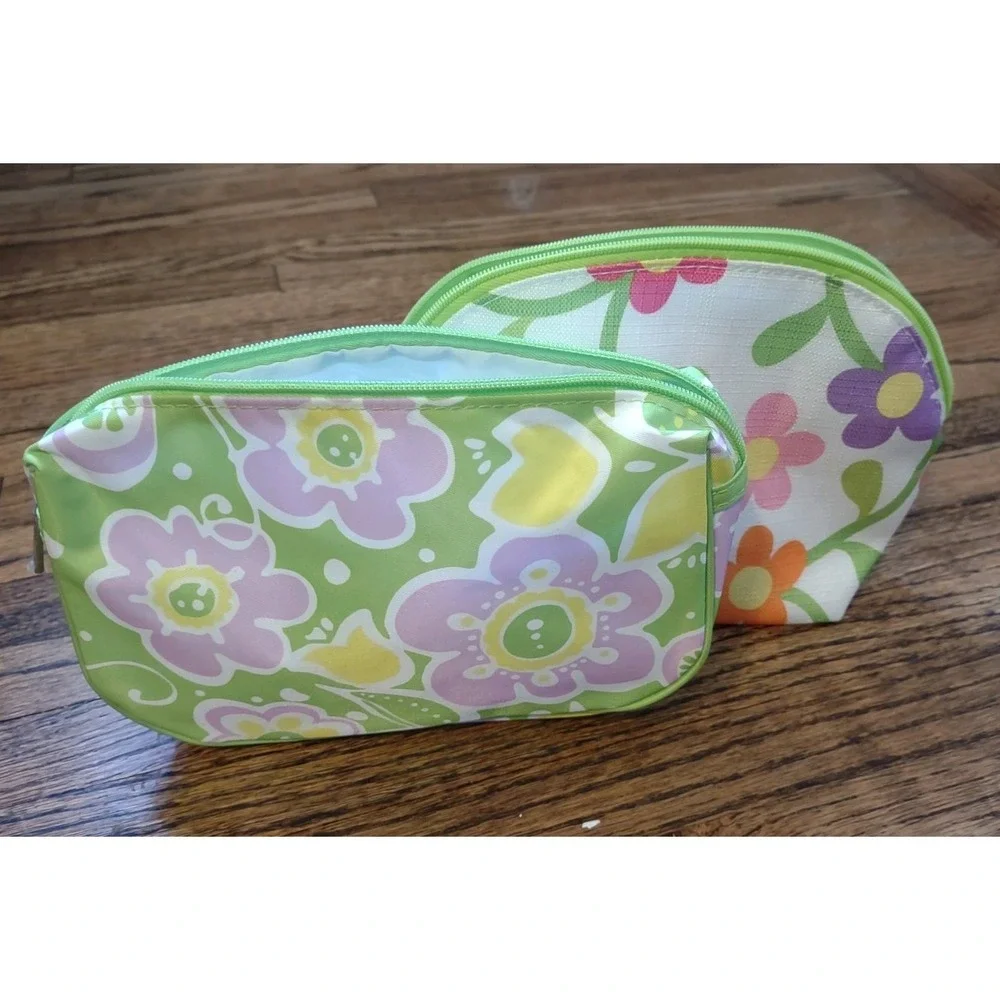 Clinique Makeup Bag Set (2) Floral Green Pink Orange Cosmetic Pouches NWOT